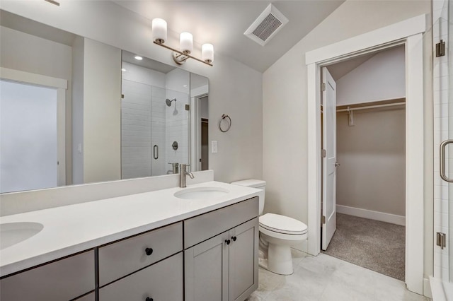 bathroom with vanity, vaulted ceiling, toilet, and a shower with shower door