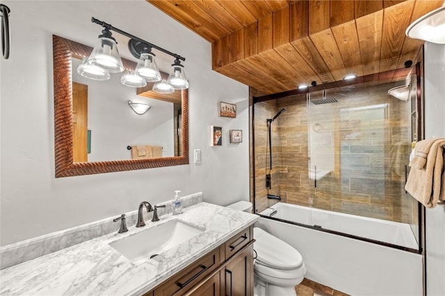 bathroom featuring vanity, toilet, wood ceiling, and shower / bath combination with glass door