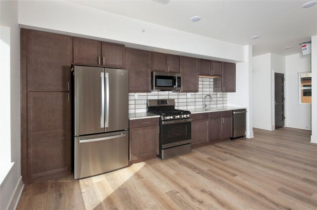 kitchen featuring tasteful backsplash, dark brown cabinetry, stainless steel appliances, sink, and light hardwood / wood-style floors