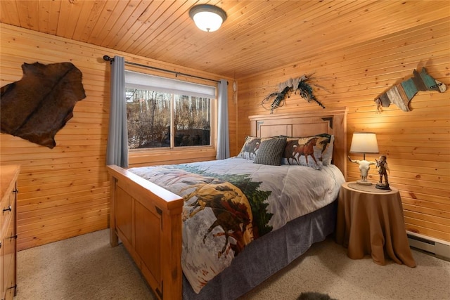 bedroom with light carpet, wooden ceiling, and wood walls