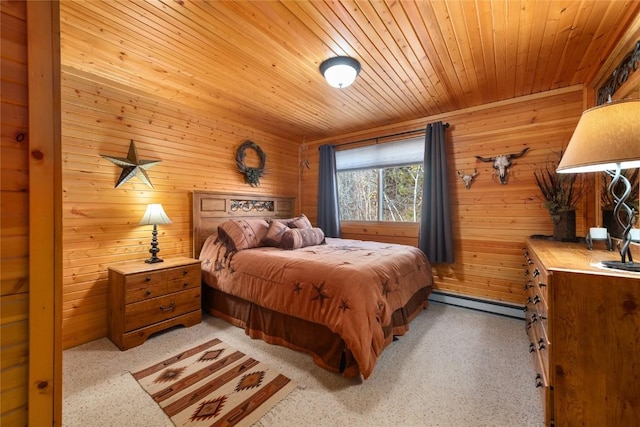 bedroom with wood walls, wooden ceiling, and a baseboard radiator