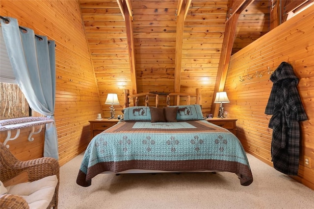 bedroom featuring carpet flooring, vaulted ceiling with beams, and wooden ceiling