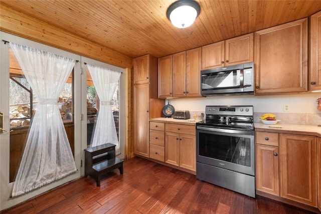 kitchen featuring wood ceiling, dark wood-type flooring, and appliances with stainless steel finishes