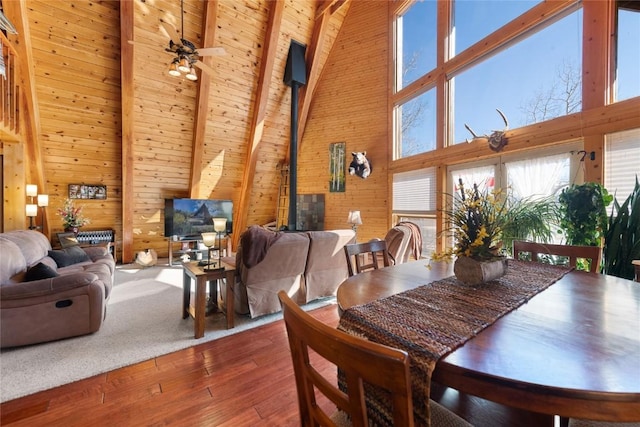 dining area featuring wooden ceiling, high vaulted ceiling, hardwood / wood-style flooring, ceiling fan, and beamed ceiling