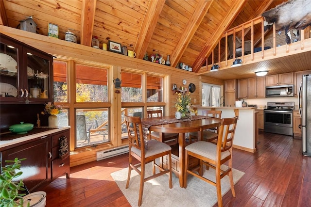 dining room with wood ceiling, a baseboard heating unit, beam ceiling, hardwood / wood-style flooring, and high vaulted ceiling