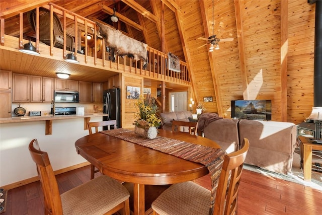 dining space featuring wooden ceiling, high vaulted ceiling, ceiling fan, beamed ceiling, and light hardwood / wood-style floors