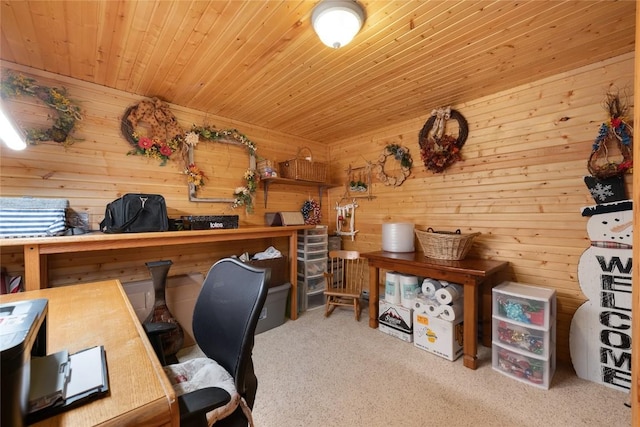 office area with carpet and wood ceiling