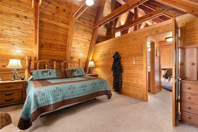 carpeted bedroom featuring beam ceiling, high vaulted ceiling, wooden ceiling, and wood walls