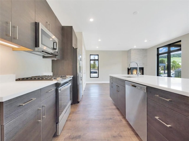 kitchen with a fireplace, sink, stainless steel appliances, and hardwood / wood-style flooring