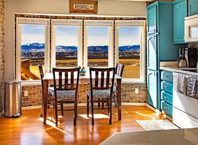 dining area featuring a healthy amount of sunlight, a mountain view, and light wood-style floors