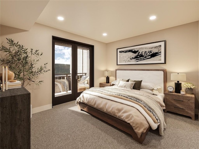 carpeted bedroom featuring access to exterior and french doors