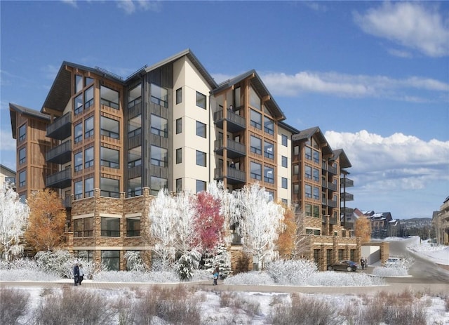 view of snow covered property