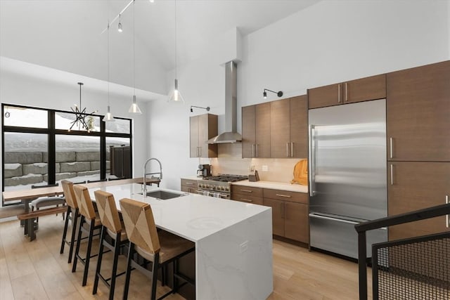 kitchen with tasteful backsplash, premium appliances, wall chimney range hood, sink, and a high ceiling