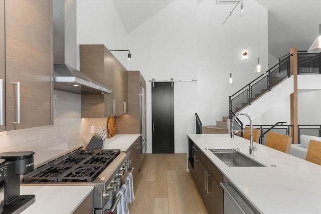 kitchen featuring backsplash, high vaulted ceiling, sink, wall chimney exhaust hood, and appliances with stainless steel finishes