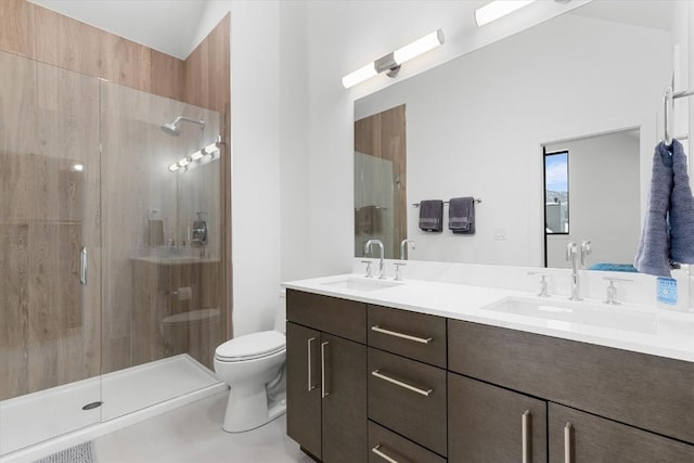 bathroom with vanity, an enclosed shower, and toilet