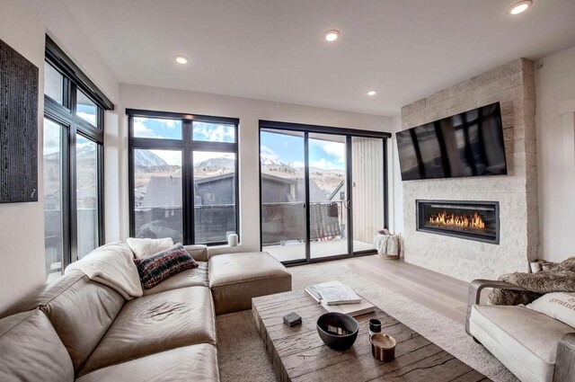 living room with hardwood / wood-style flooring and a large fireplace