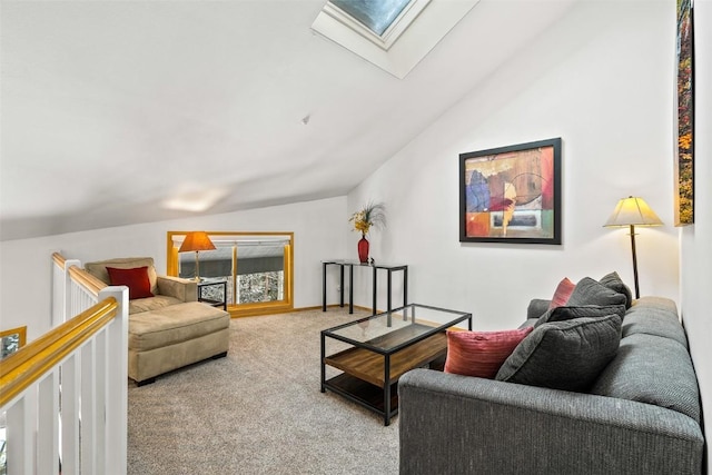 living room featuring carpet floors and lofted ceiling with skylight