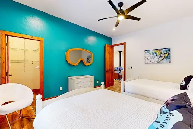 bedroom with a walk in closet, a closet, ceiling fan, and hardwood / wood-style flooring