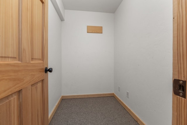 walk in closet with dark carpet