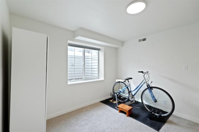 workout area featuring visible vents, baseboards, and carpet