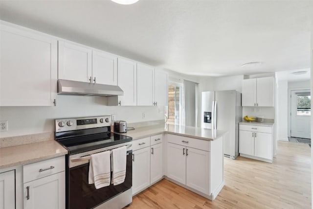 kitchen featuring under cabinet range hood, white cabinetry, stainless steel appliances, light wood-style floors, and a peninsula