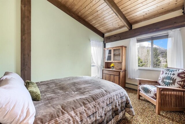 bedroom featuring carpet flooring, lofted ceiling with beams, wood ceiling, and a baseboard radiator