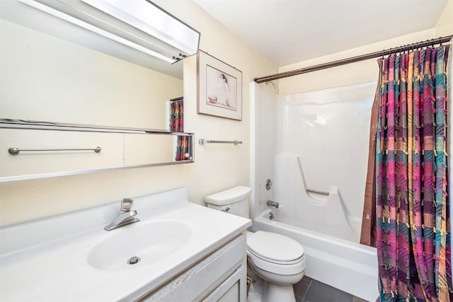 full bathroom with shower / bath combo, vanity, and toilet