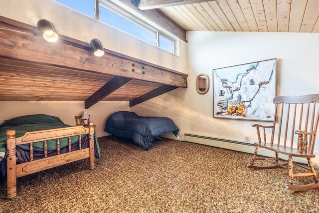 bedroom featuring lofted ceiling with beams, carpet floors, and wood ceiling