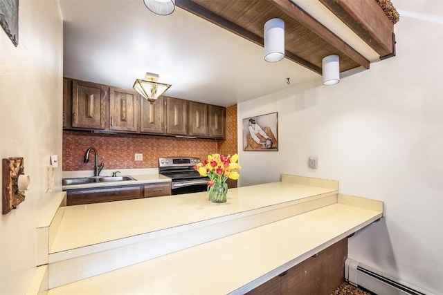 kitchen featuring baseboard heating, decorative backsplash, electric range, and sink