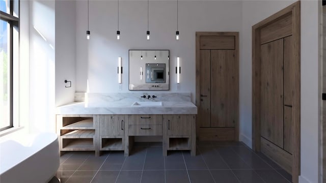 bathroom with tile patterned floors, vanity, and electric panel