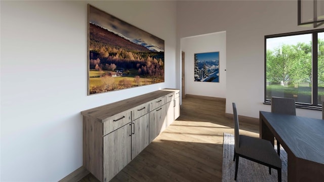 bar with dark hardwood / wood-style floors