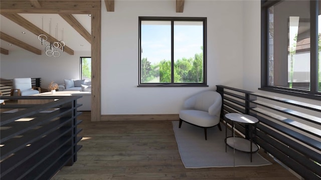 living area with beam ceiling and dark wood-type flooring