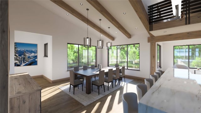 dining area with hardwood / wood-style flooring, plenty of natural light, beam ceiling, and a towering ceiling