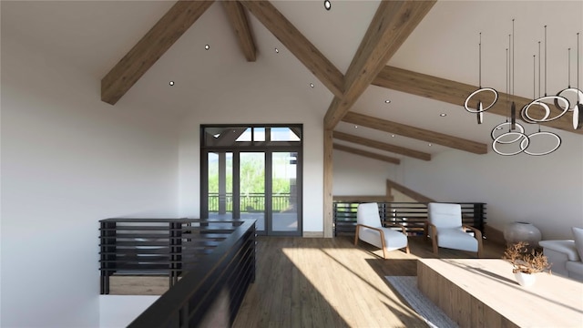 interior space featuring beamed ceiling, dark wood-type flooring, and high vaulted ceiling