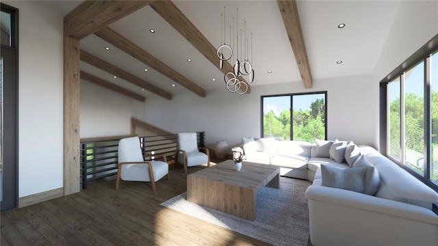 living room with beamed ceiling and dark hardwood / wood-style floors