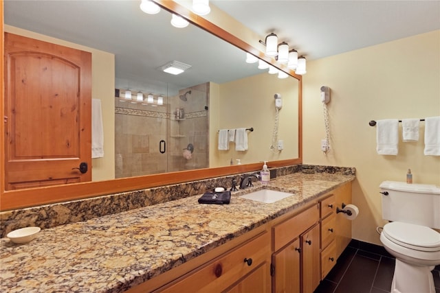 bathroom with a stall shower, tile patterned flooring, vanity, and toilet