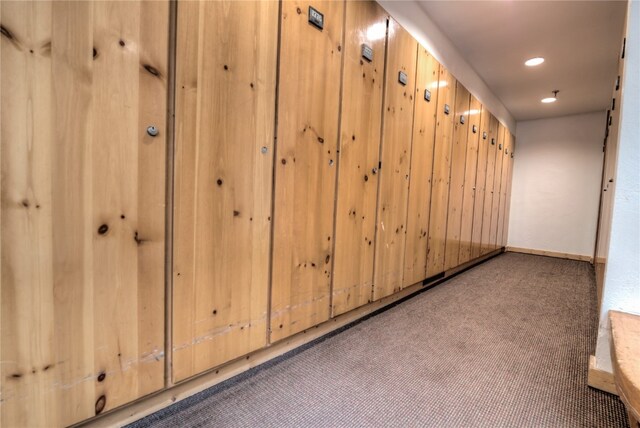 interior space with baseboards, carpet flooring, and recessed lighting