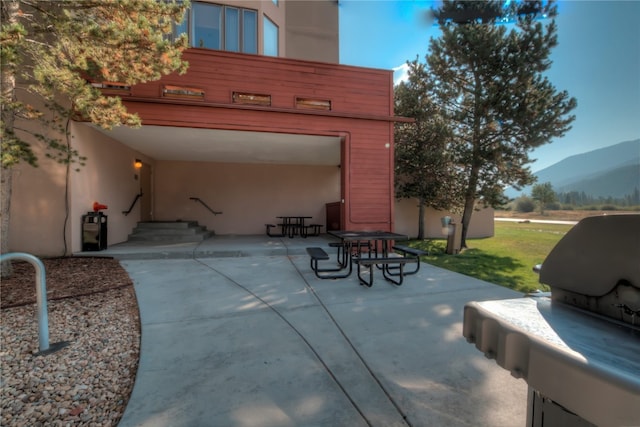 view of patio with a mountain view