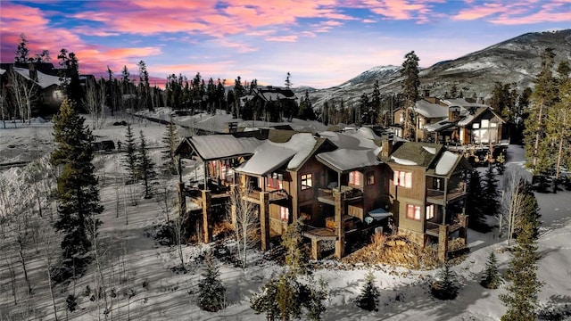 snowy aerial view featuring a mountain view