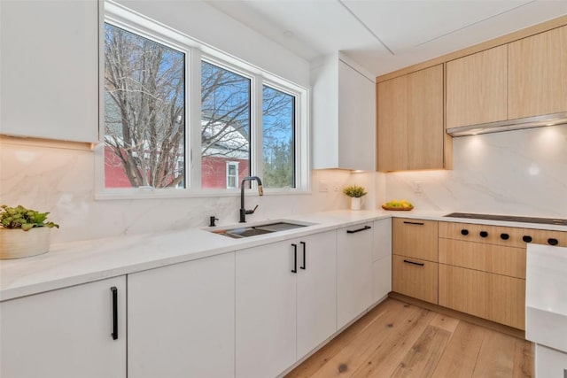 kitchen with tasteful backsplash, stovetop, light wood-type flooring, light brown cabinets, and a sink