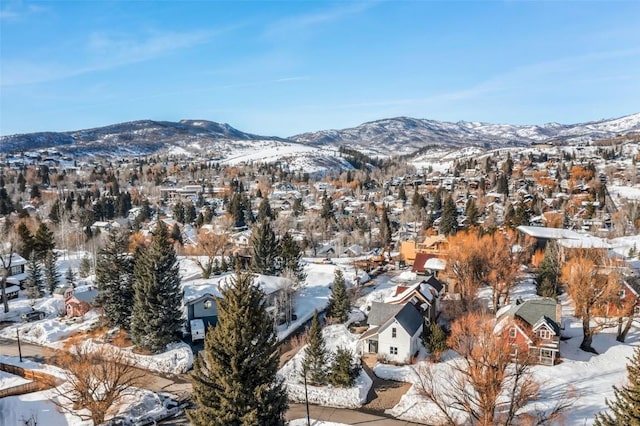 snowy aerial view featuring a residential view and a mountain view