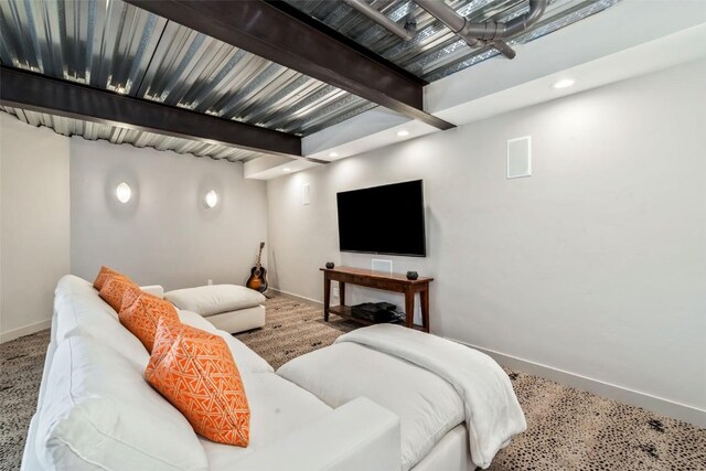 living area featuring beamed ceiling, recessed lighting, and baseboards