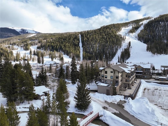 snowy aerial view with a mountain view