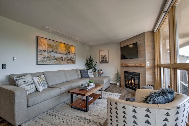 living room featuring hardwood / wood-style flooring, rail lighting, and a large fireplace