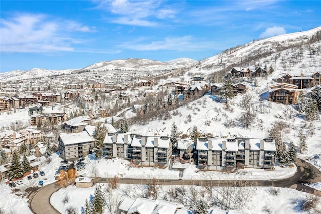 snowy aerial view with a residential view and a mountain view