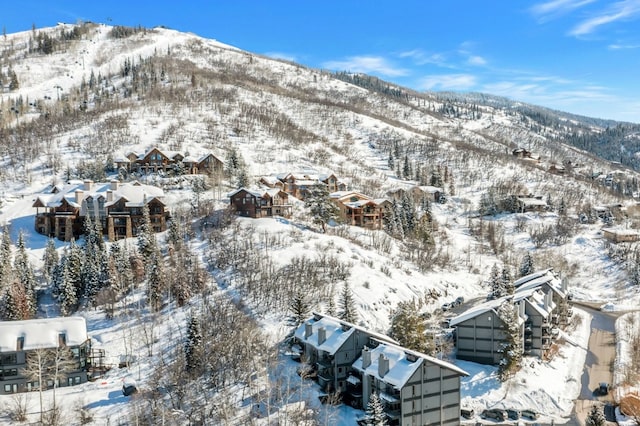 snowy aerial view with a residential view and a mountain view