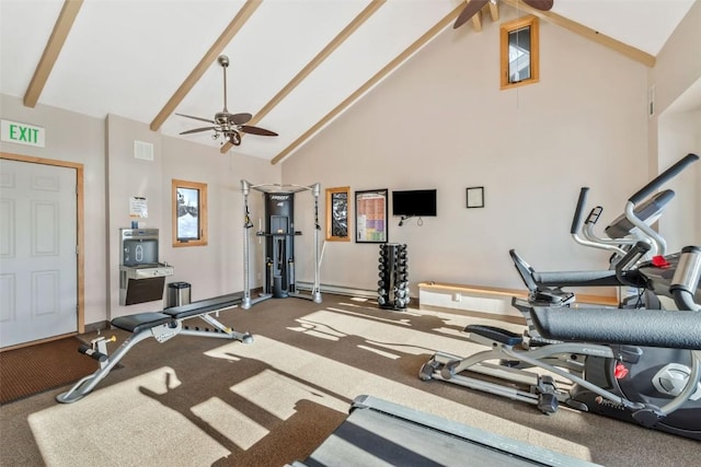 workout room with high vaulted ceiling, baseboards, visible vents, and a ceiling fan