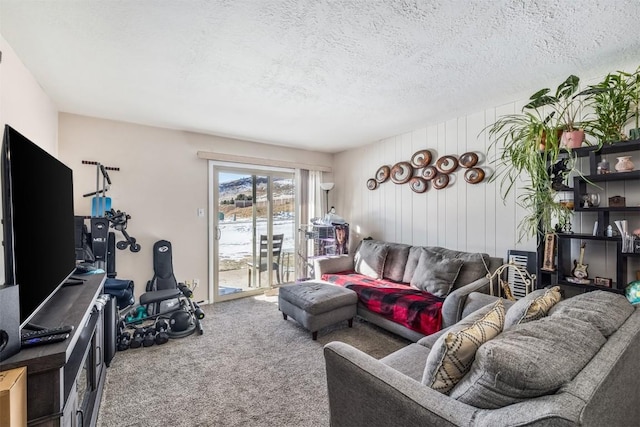 carpeted living room featuring a textured ceiling