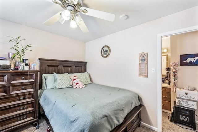 bedroom with light colored carpet and ceiling fan