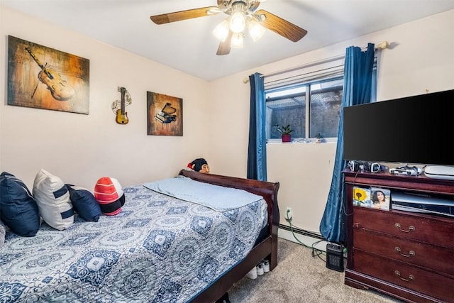 bedroom featuring ceiling fan, light colored carpet, and a baseboard radiator